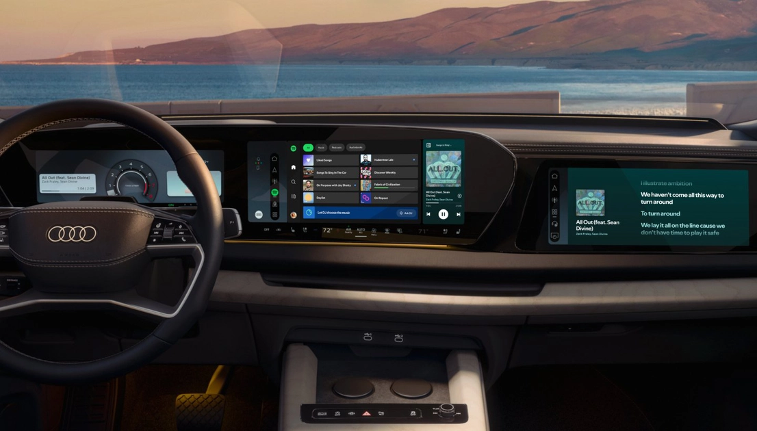 Spotify-interface met songteksten op Audi-dashboard