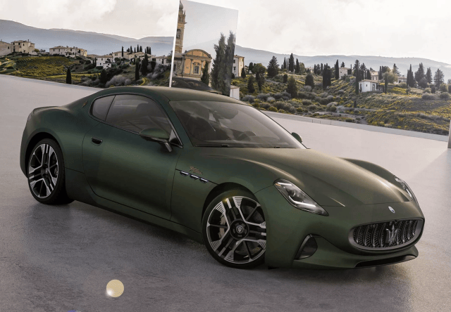 Groene Maserati GranTurismo vanuit zijaanzicht
